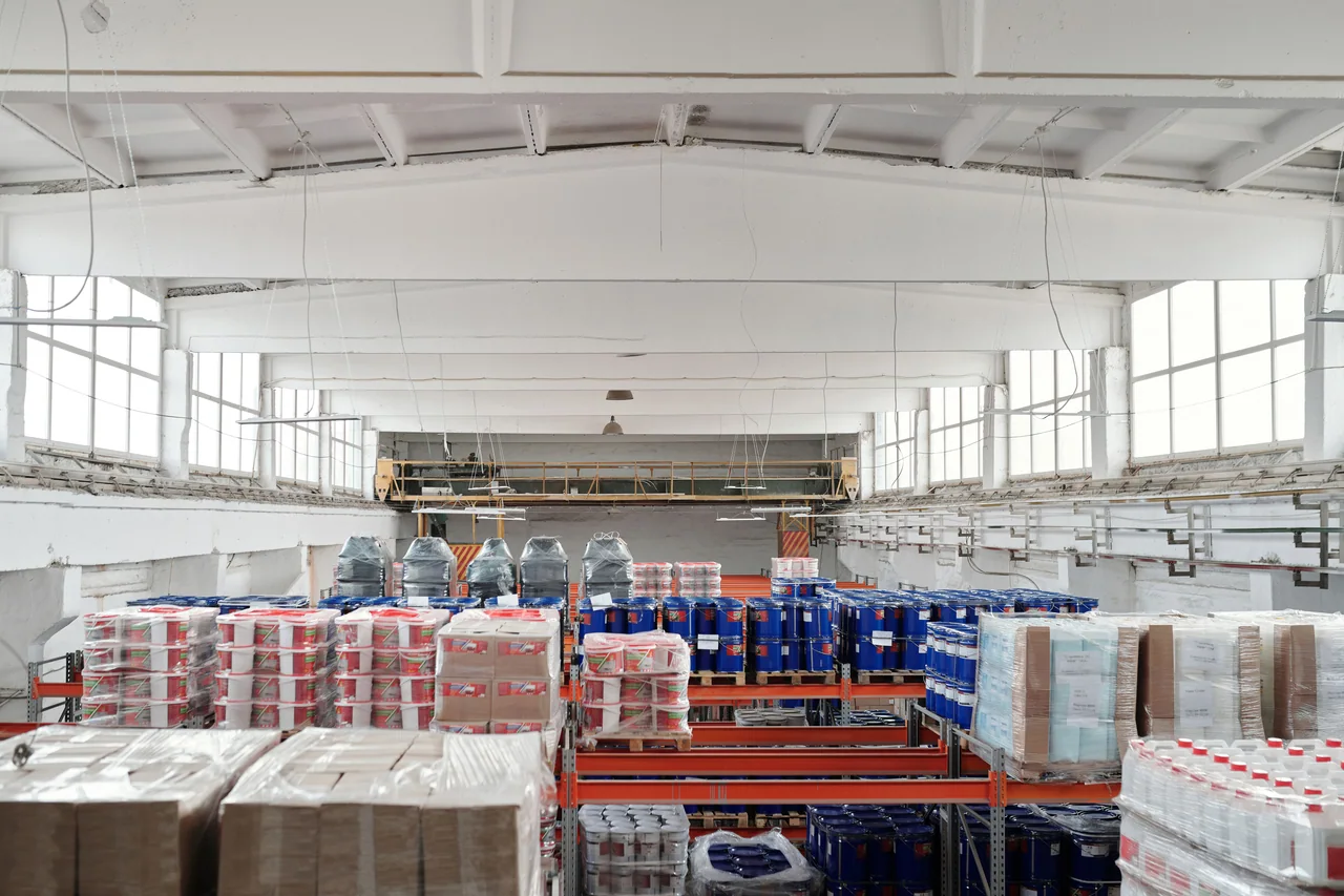 Pallets and packaged materials in a warehouse